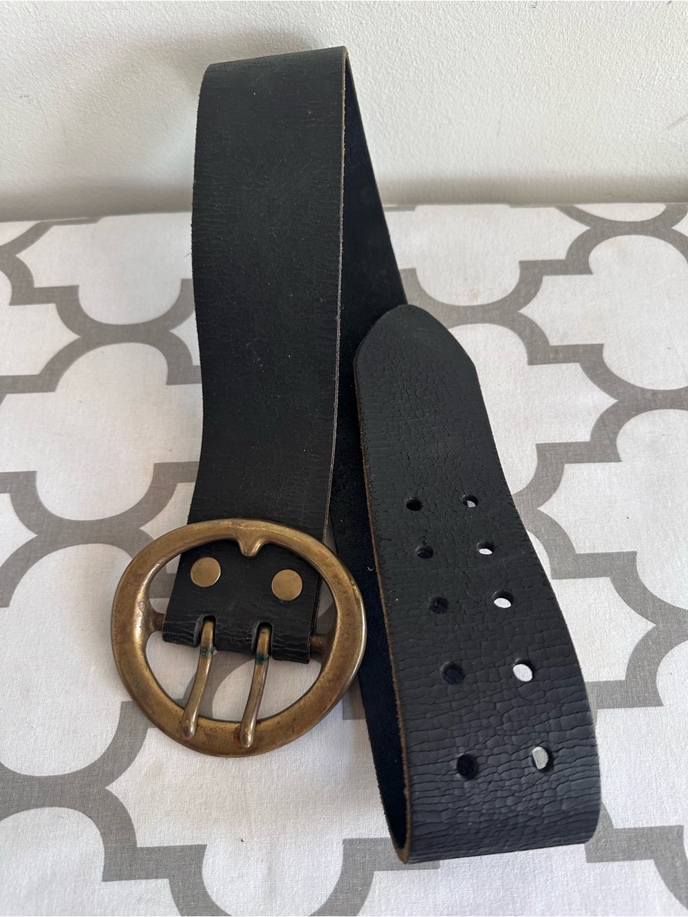 Lucky Brand Black Leather Double-Prong Belt with Antique Brass Round Buckle